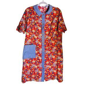 Vintage Gilead Floral Button-Down House Dress Blue Collar & Pocket Red Multicolo